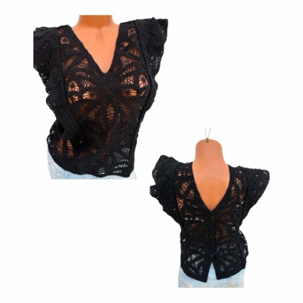 NWT White House Black Market Black Crochet V-Neck Flutter Sleeve Top Sz M